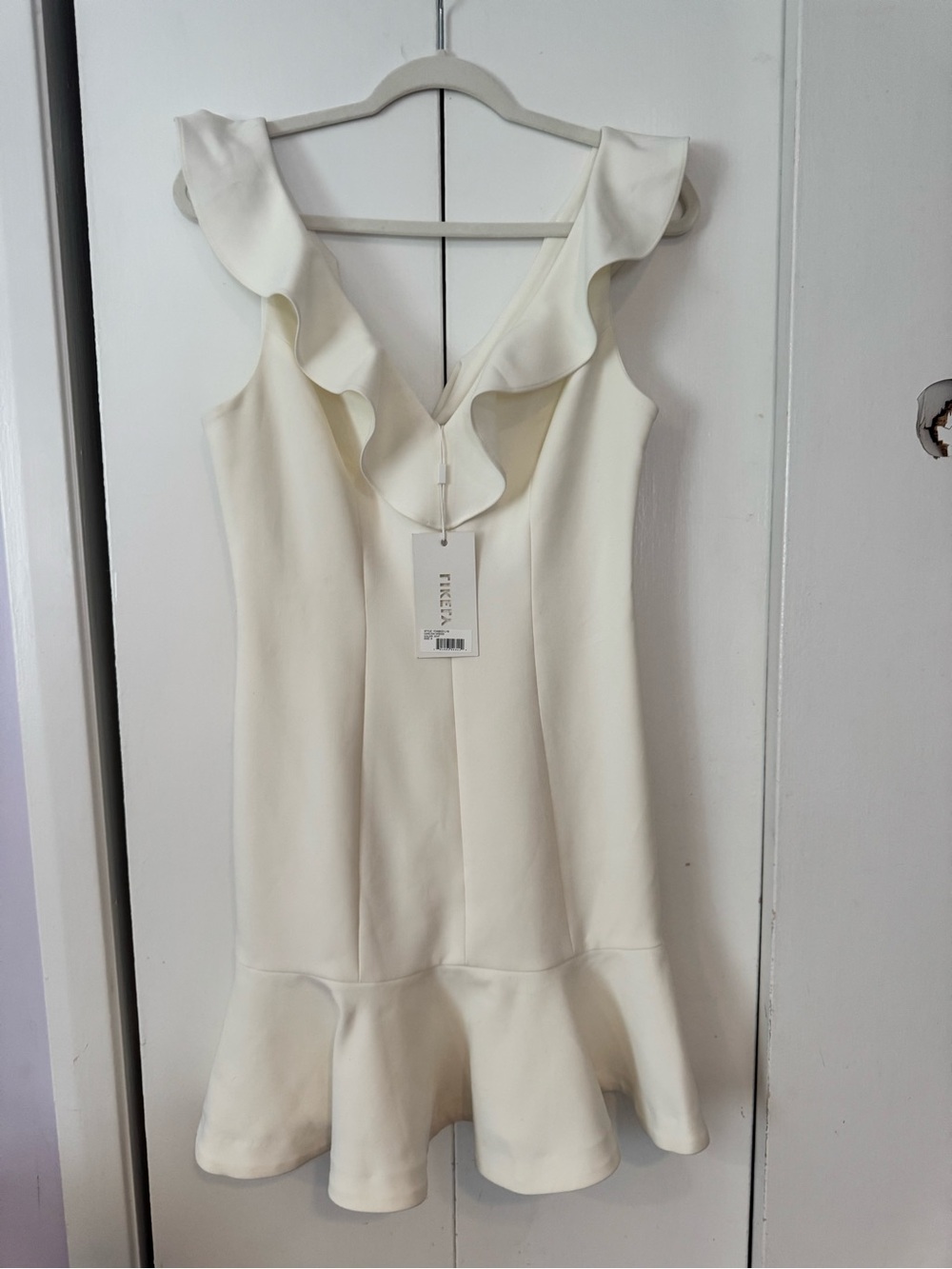 Likely Harlow Dress- Fitted White Ruffle V-Neck Dress